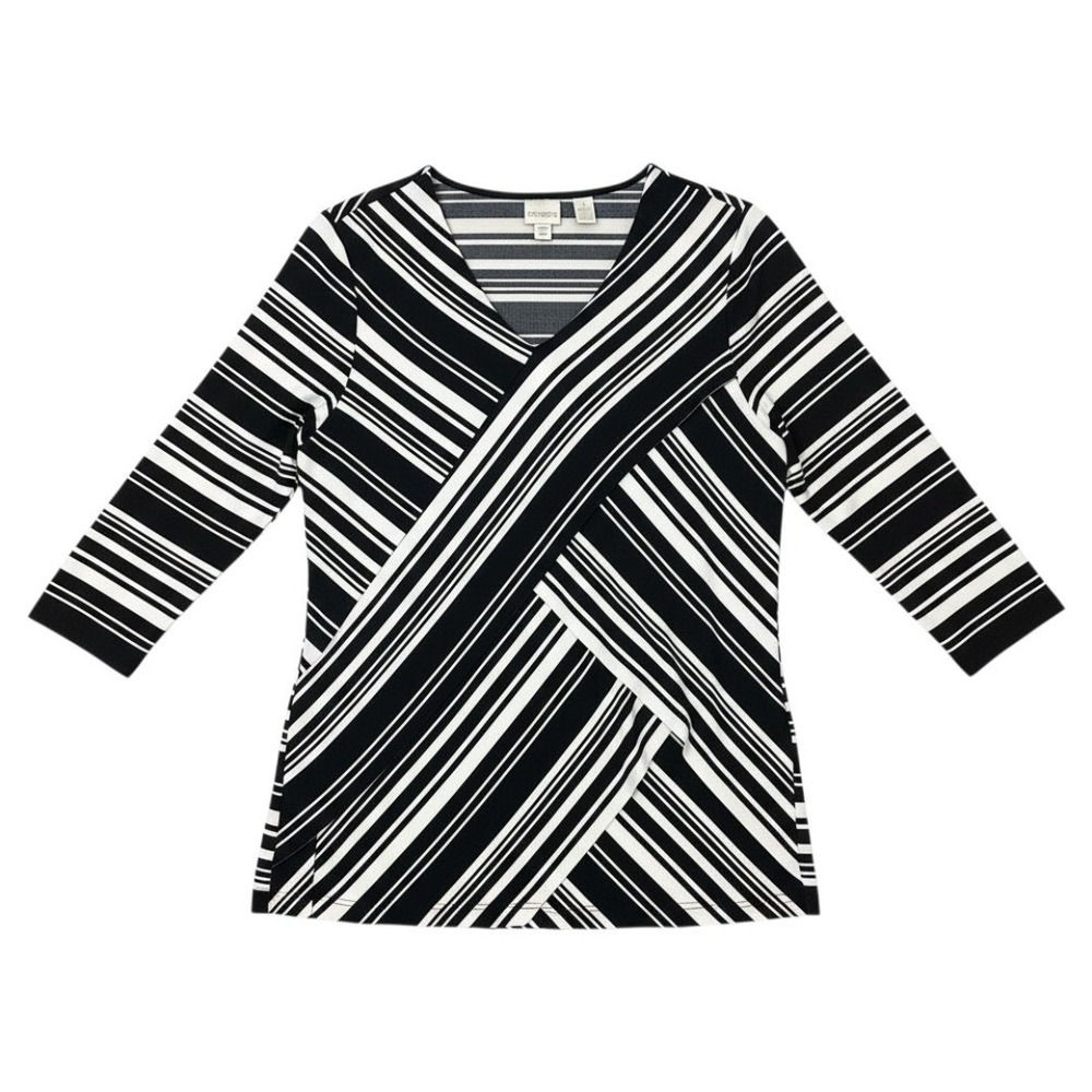 Chico's Top Black White Striped V-Neck 3/4 Sleeve Faux Wrap Size 1 Women